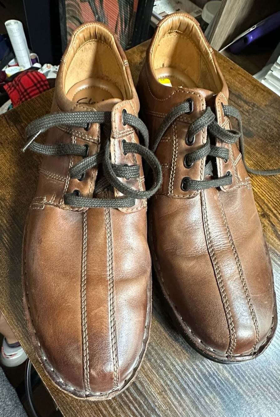 Clarks Collection Touareg Vibe Brown Leather Lace-Up Oxford Shoes Men's Size 10.